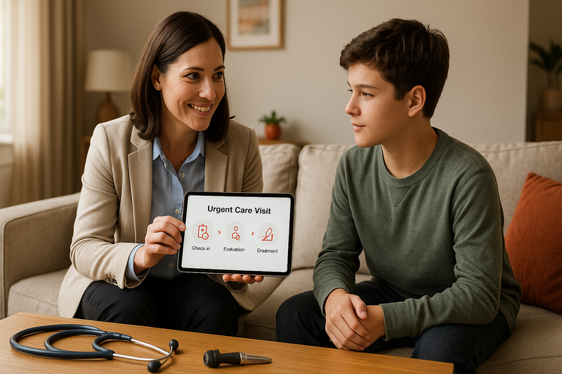 Healthcare provider guiding a patient through the urgent care visit process using a tablet with step icons, representing urgent care services near me.