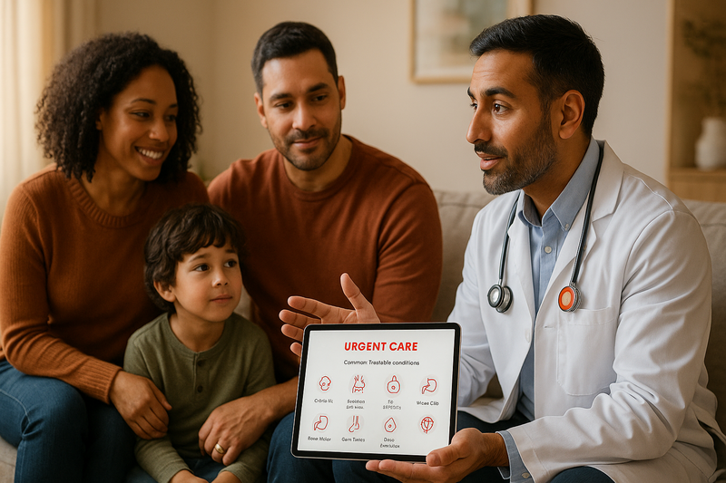Family speaking with physician about urgent care services near me, reviewing treatable conditions on a tablet in a warm, modern home setting