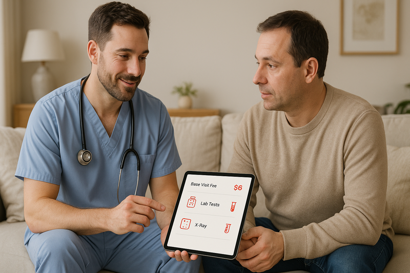 Physician explaining how much urgent care costs by showing base visit fee and add-on costs to a patient in a comfortable, home-like setting
