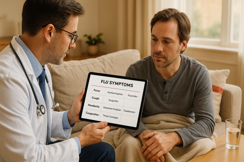 Physician discussing a symptom chart for flu medicine near me with adult patient, featuring headache, cough, and congestion remedies in a calm home setting