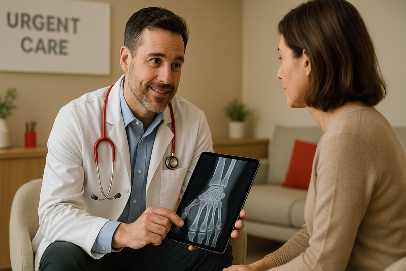 Physician reviews digital X-ray of a wrist fracture with a patient in an urgent care clinic, illustrating urgent care with x ray machine near me services.