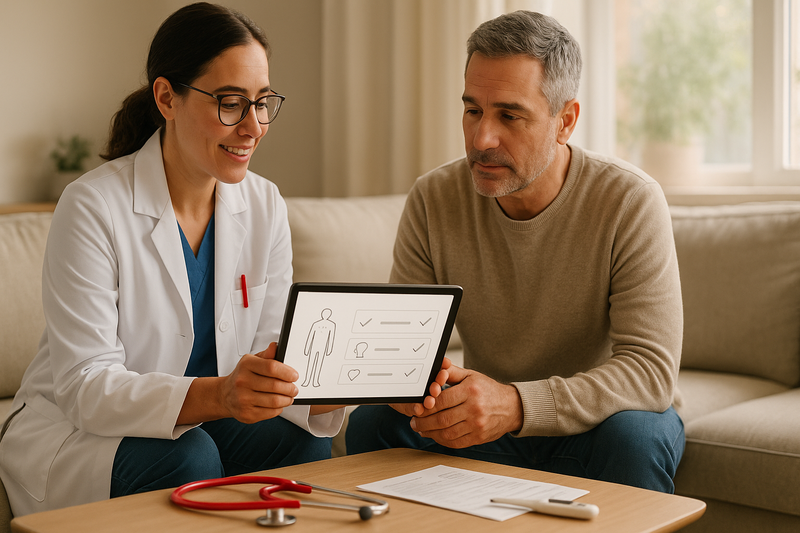 Clinician reviewing urgent care physical exam steps on a tablet with a patient in a comfortable living room, demonstrating a clear and friendly exam process.