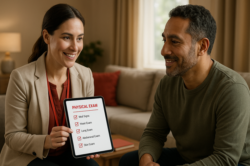 Healthcare provider reviews a physical exam checklist on a tablet with a patient, illustrating how much does urgent care cost without insurance in a reassuring, modern setting