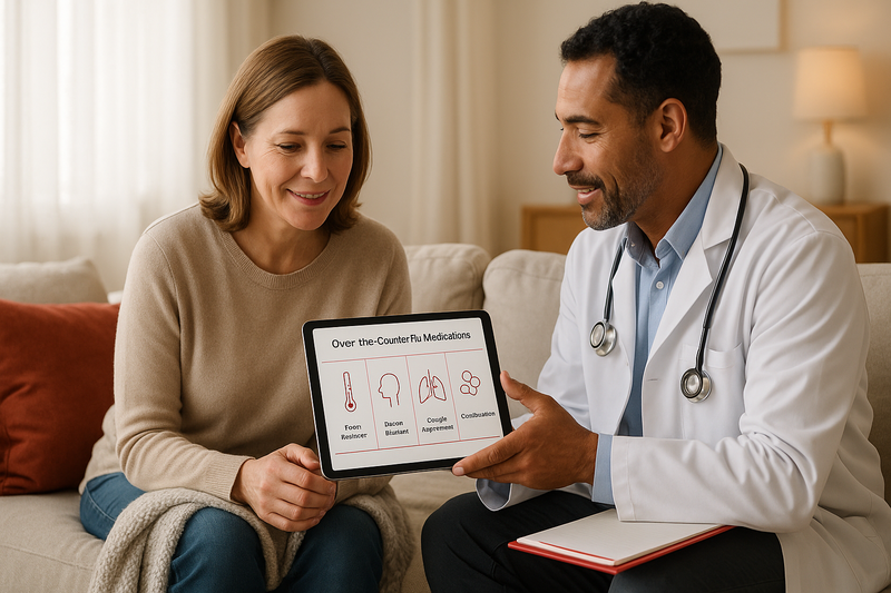 Physician and patient review best over the counter flu medicine chart on tablet, comparing OTC options in a calm home setting