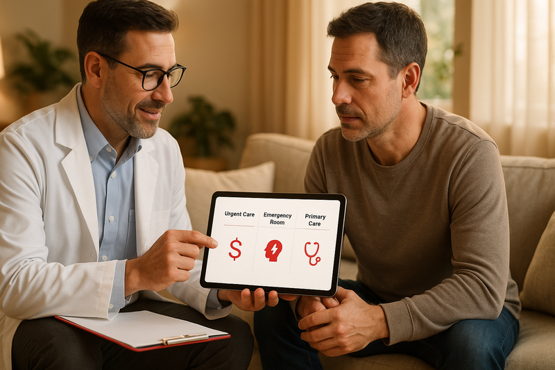 Physician showing a patient a how much does urgent care cost comparison chart on a tablet, highlighting urgent care, ER, and primary care options in a comfortable home setting
