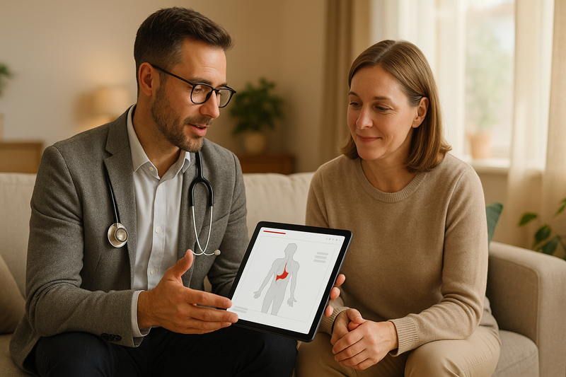 A physician explains urgent care services to a patient during a clinic visit, using a tablet with clear medical visuals and subtle brand accents.