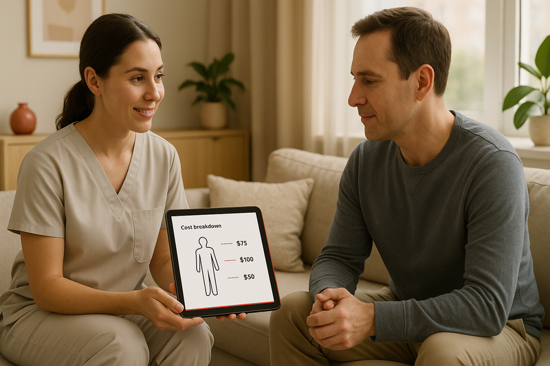 Clinician reviews tablet cost breakdown with patient during an urgent care visit without insurance, highlighting pricing factors.