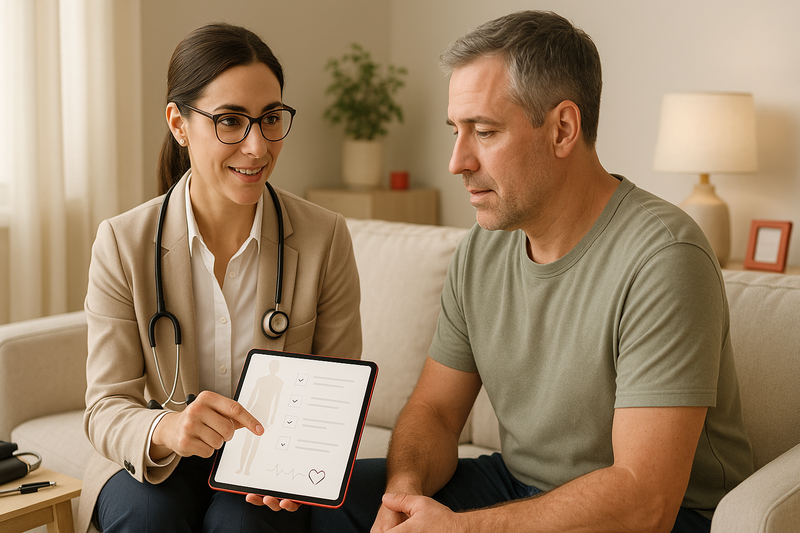 Physician discussing urgent care physical exam checklist with a patient in a comfortable, modern clinic setting