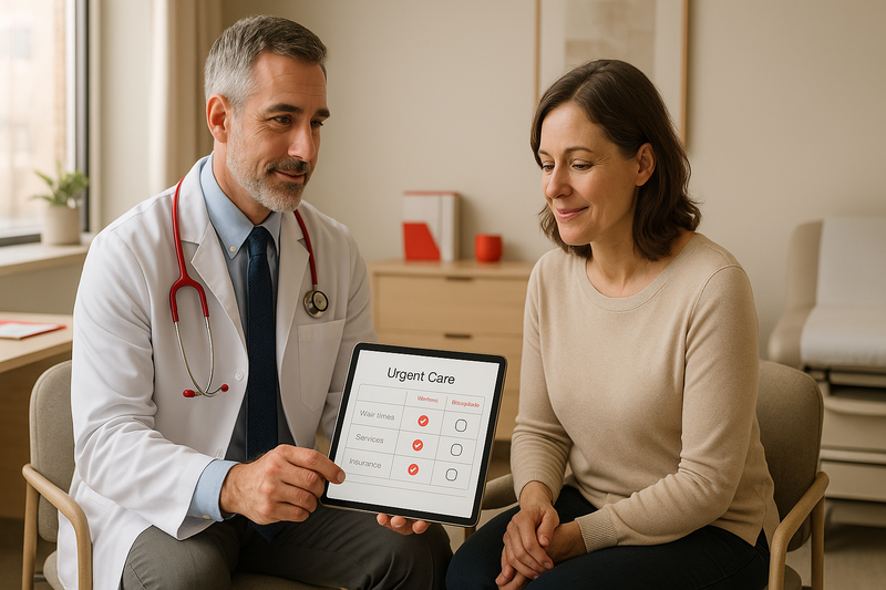A board-certified physician discusses urgent care features like wait times, services, and insurance acceptance with a patient in a welcoming Los Angeles clinic, highlighting best urgent care Los Angeles standards.