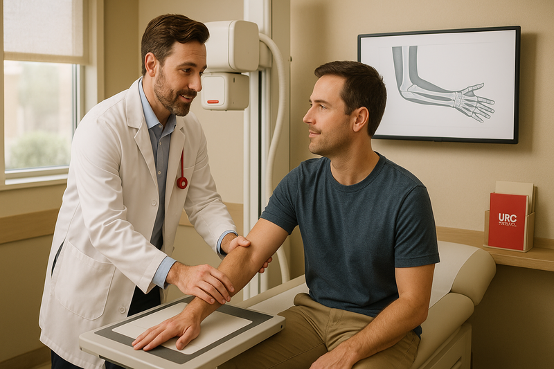 Medical professional gently positions patient’s arm for X-ray in a calm urgent care clinic, illustrating urgent care with x ray machine near me process