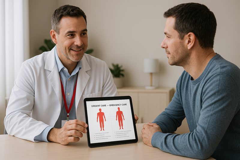 Physician in modern LA clinic explaining urgent care versus emergency room using a tablet with a comparison chart
