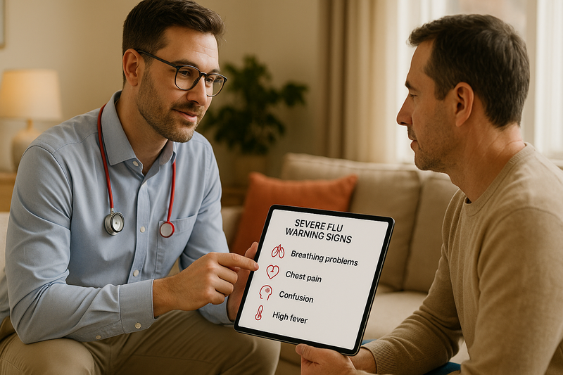 Physician consults patient at home showing severe flu warning signs checklist on tablet, illustrating when to seek flu medicine near me.