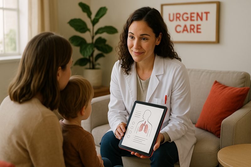 Modern California urgent care provider consults with patient about how to cure bronchitis quickly, reviewing symptoms on a tablet in a welcoming clinic.
