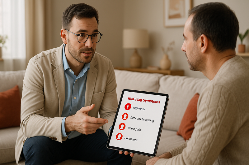 Healthcare provider reviews best cold medicine checklist for red-flag flu symptoms with adult patient in home setting