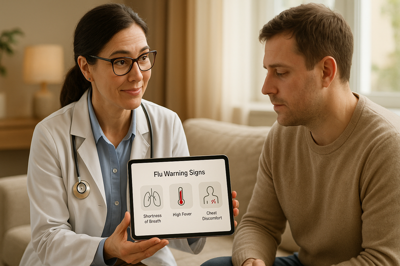Physician discussing best over the counter flu medicine warning signs with patient at home on a tablet, checklist visible