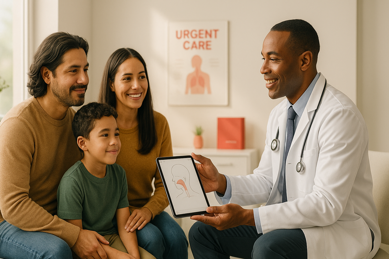 Board-certified provider consulting a Los Angeles family in a modern urgent care exam room, emphasizing urgent care Los Angeles expertise