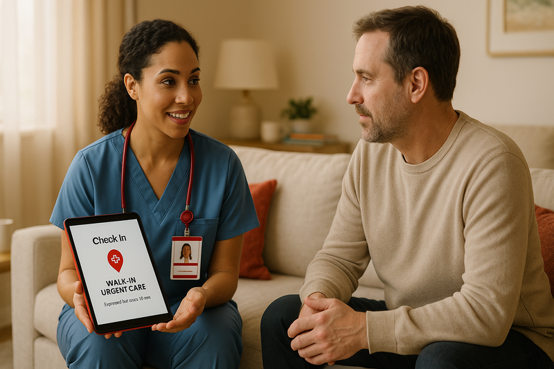 Healthcare provider showing urgent care Los Angeles CA walk-in check-in process to patient in a comfortable, family-friendly setting