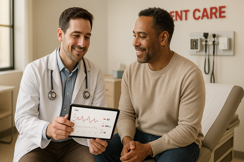 Physician reviewing a digital physical exam checklist with an adult patient in a modern urgent care clinic, demonstrating where to get a physical exam near me.