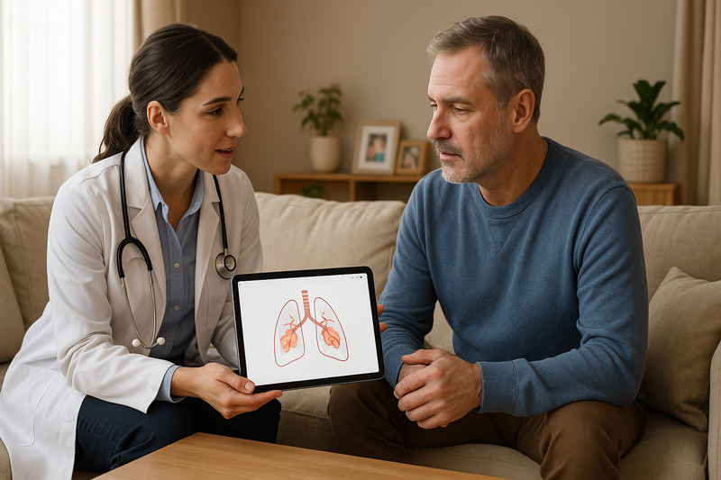 Physician explains how to treat chest congestion to patient using a tablet with lung diagram showing mucus buildup