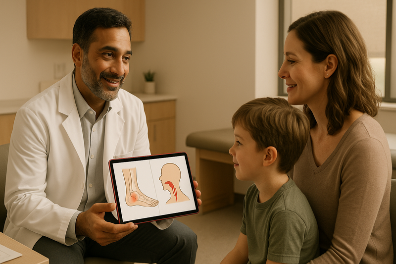 Physician consulting with a parent and child in a warm clinic room, showing a tablet with sprained ankle and sore throat diagrams at a 24 hour walk in clinic