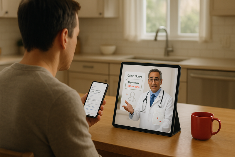 Adult calmly searches for 24 hour walk in clinics near me at a kitchen table, with doctor on tablet explaining urgent care clinic hours and services