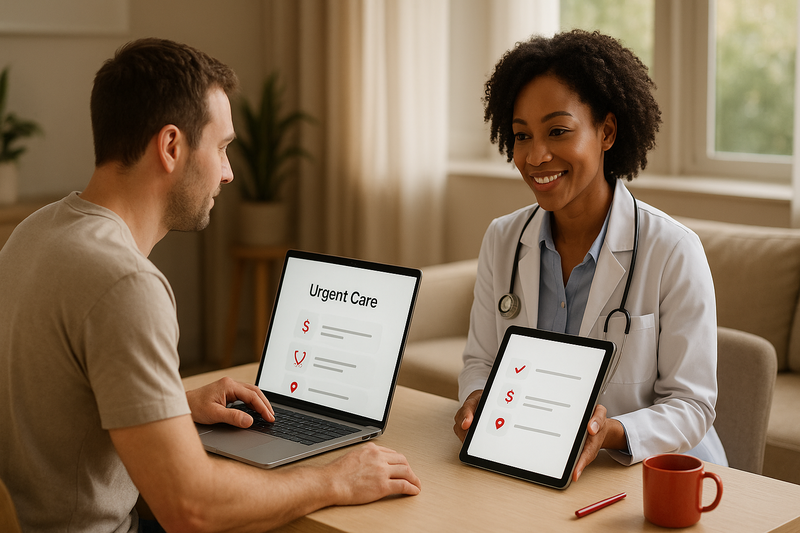 A patient reviews urgent care near me no insurance options with a provider highlighting transparent pricing and services on a digital checklist.