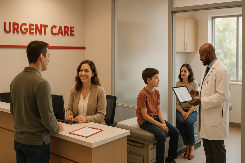 Modern urgent care clinic with a patient checking in at a welcoming reception while a provider performs an urgent care physical in a nearby exam room