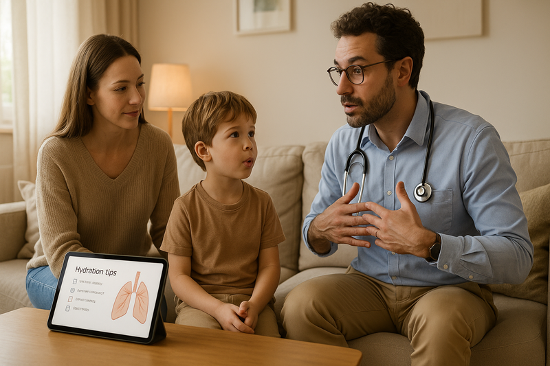 Physician assisting a family with breathing exercises and hydration tips at home to address how long does a chest cold last