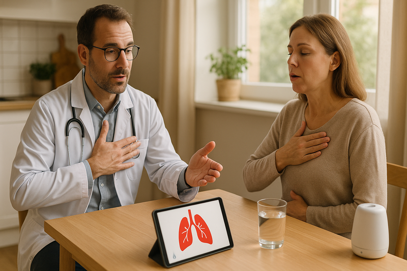 Doctor teaching breathing exercises and hydration tips to a patient for how to treat chest congestion at home