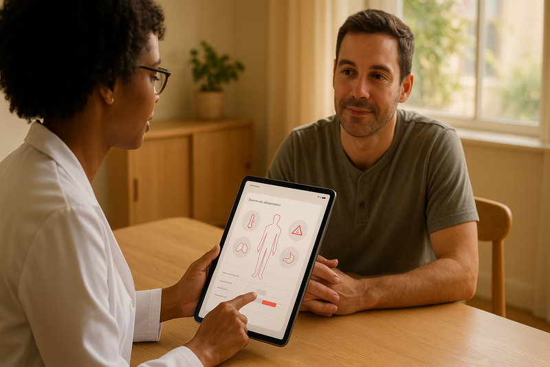 Licensed provider discusses symptom assessment with a patient at home using tablet during urgent care services at home Los Angeles
