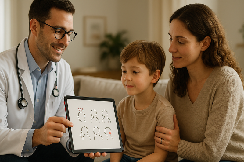 Prime Urgent Care provider reviewing a digital chart about common illnesses with a parent and child in a comfortable setting, representing best urgent care Los Angeles service.