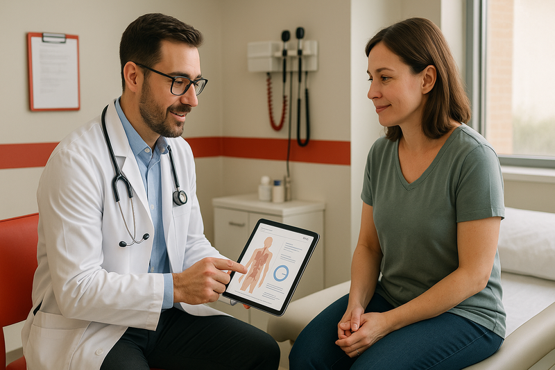Physician at urgent care physical exam room reviewing results with an adult patient on a tablet in a modern, welcoming clinical environment