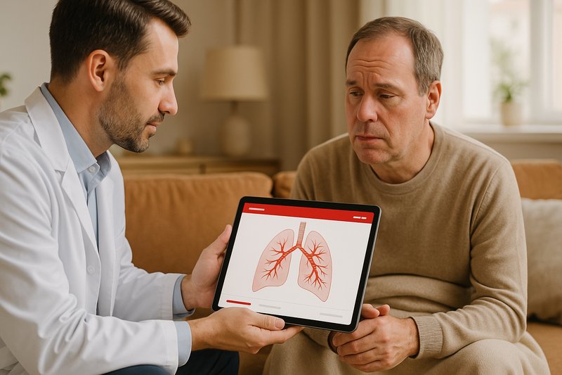 Physician showing patient an anatomically accurate diagram of inflamed bronchial tubes, illustrating how long a chest cold lasts.