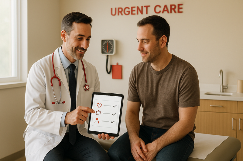 Physician in a modern urgent care clinic reviewing a physical exam checklist with an adult patient, highlighting where to get a physical near me