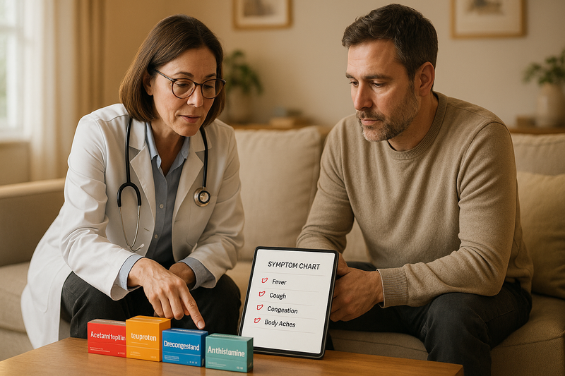 Physician and adult patient in a comfortable living room discussing best flu medicine for adults over the counter, with various OTC options and a symptom chart visible on a tablet