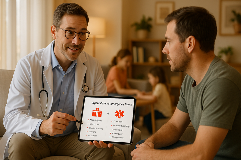 Physician discussing urgent care Los Angeles CA services and differences with an ER, using a tablet chart in a calm, modern living room setting