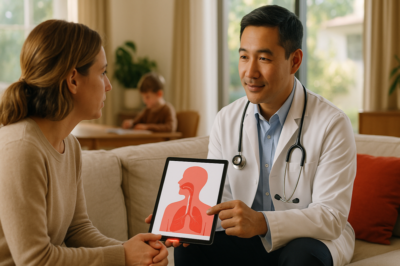 Licensed medical provider discusses a minor illness diagnosis with a patient at home, using a tablet, illustrating urgent care services at home Los Angeles in a comforting, modern living room.