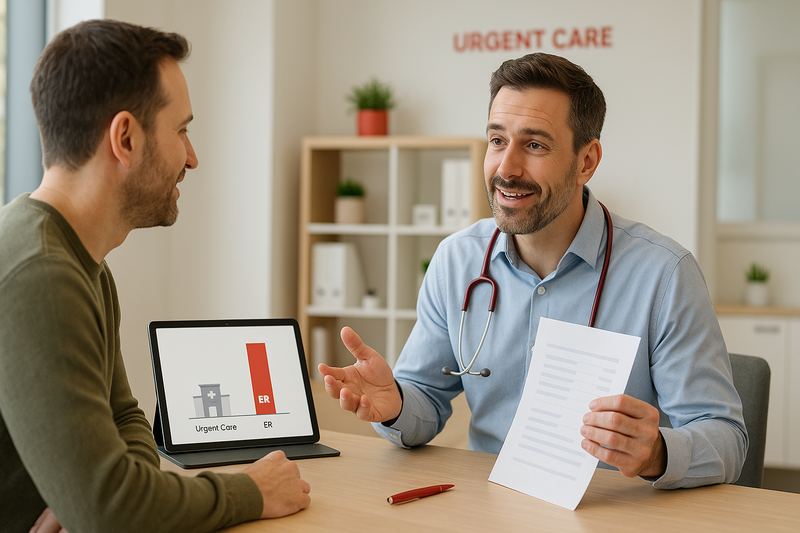 Physician explains urgent care near me no insurance options using a price sheet and a tablet comparing urgent care versus ER costs during a clinic visit