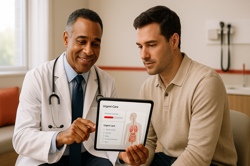 Board-certified physician consulting a patient in a modern Los Angeles urgent care clinic, discussing wait times and available services for best urgent care Los Angeles.