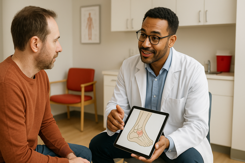 Physician explains sprained ankle treatment to adult patient in a modern urgent care East Los Angeles exam room