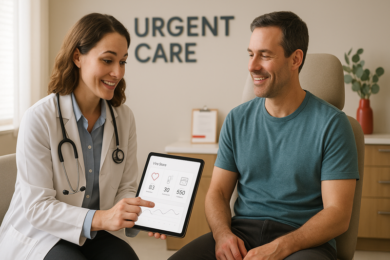 Healthcare provider reviewing a patient’s vital signs on a tablet in a welcoming, modern urgent care East Los Angeles exam room.