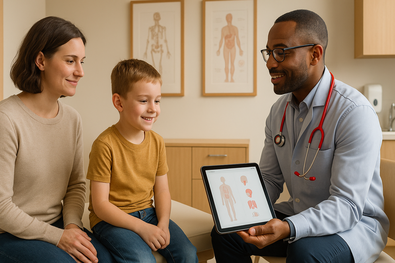 Family and child interacting with a pediatric clinician at the best pediatric urgent care Los Angeles, reviewing symptoms on a tablet in a calming, modern clinic setting