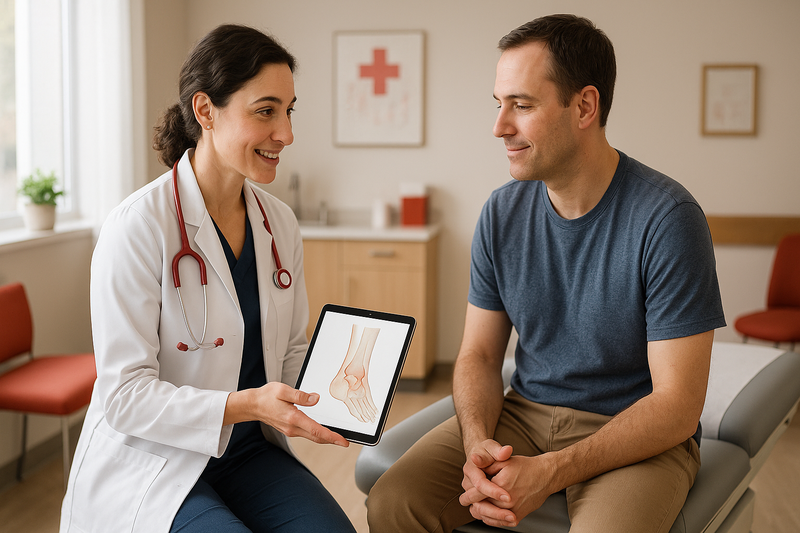 Healthcare provider at urgent care center explains diagnosis to relaxed patient, demonstrating Prime Urgent Care’s compassionate process.
