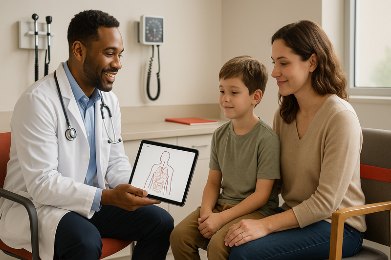 Clinician reviewing medical chart on tablet with relaxed patient in modern acute care facility highlighting emergency care services near me