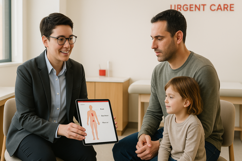 Physician consulting with a patient and child in a modern urgent care clinic in Los Angeles, explaining common urgent care services Los Angeles provides using a digital chart.