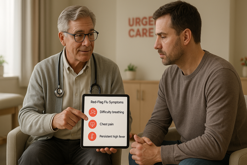 Physician in urgent care showing adult patient a best flu medicine for adults over the counter red-flag symptoms checklist on tablet