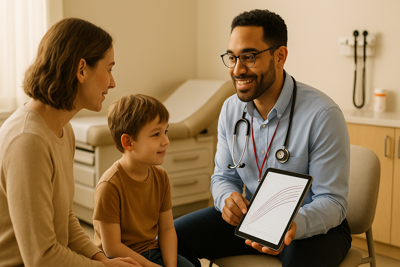 Healthcare provider explains growth chart results to a parent and child during a physical exam in a modern urgent care clinic, illustrating where to get a physical exam near me.