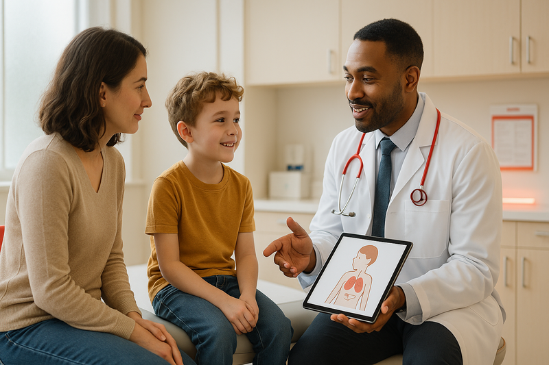 A pediatric provider at Prime Urgent Care in Los Angeles warmly discusses a child's health with a parent in a modern, comfortable clinic exam room.
