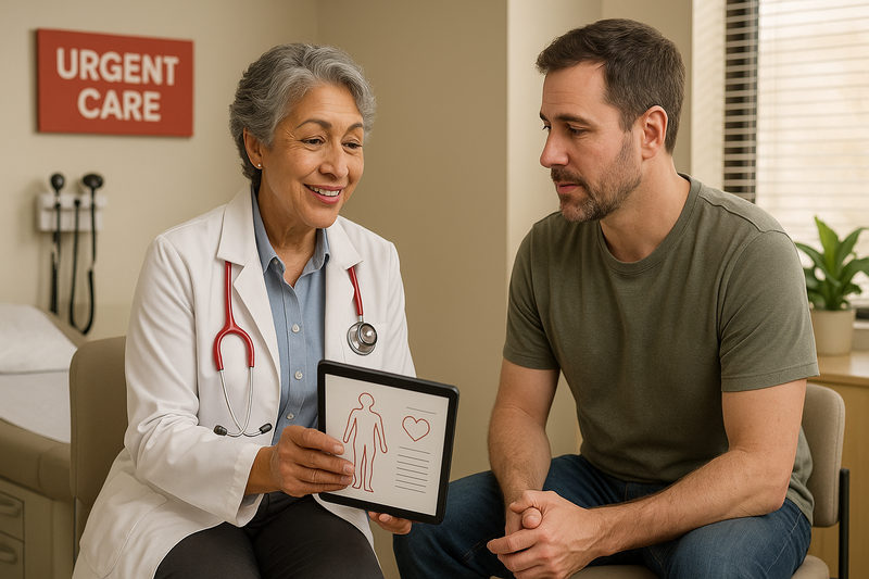 Prime Urgent Care provider reviews a physical exam with a patient in a modern California clinic, supporting where to get a physical near me needs.