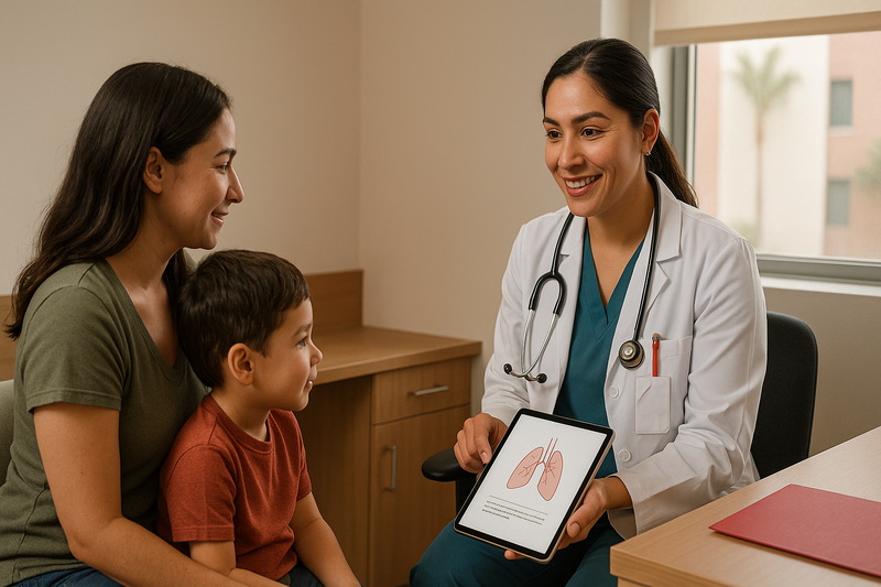 Healthcare provider in modern urgent care exam room attentively explaining a care plan to a parent and child in East Los Angeles, illustrating urgent care services los angeles with a friendly, welcoming atmosphere.